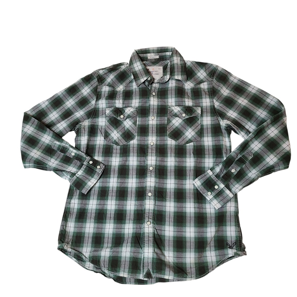 American Eagle Mens Pearl Snap Shirt Size Medium Green Vintage Fit Western Rodeo